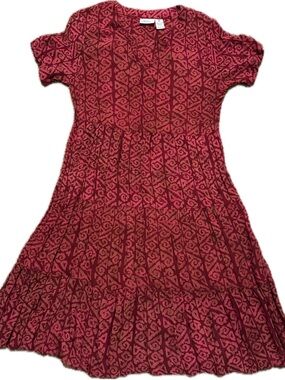 Women's Vermont Country Store Sz Medium Red/Pink Midi Ruffle Dress w/splotches